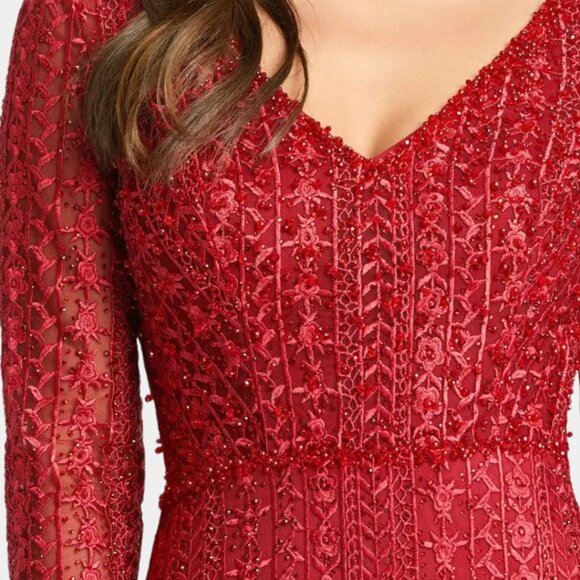 $598 Mac Duggal 20271 Size 18 Red Floral V-Neck Long Sleeve Maxi Gown Dress - Picture 3 of 4